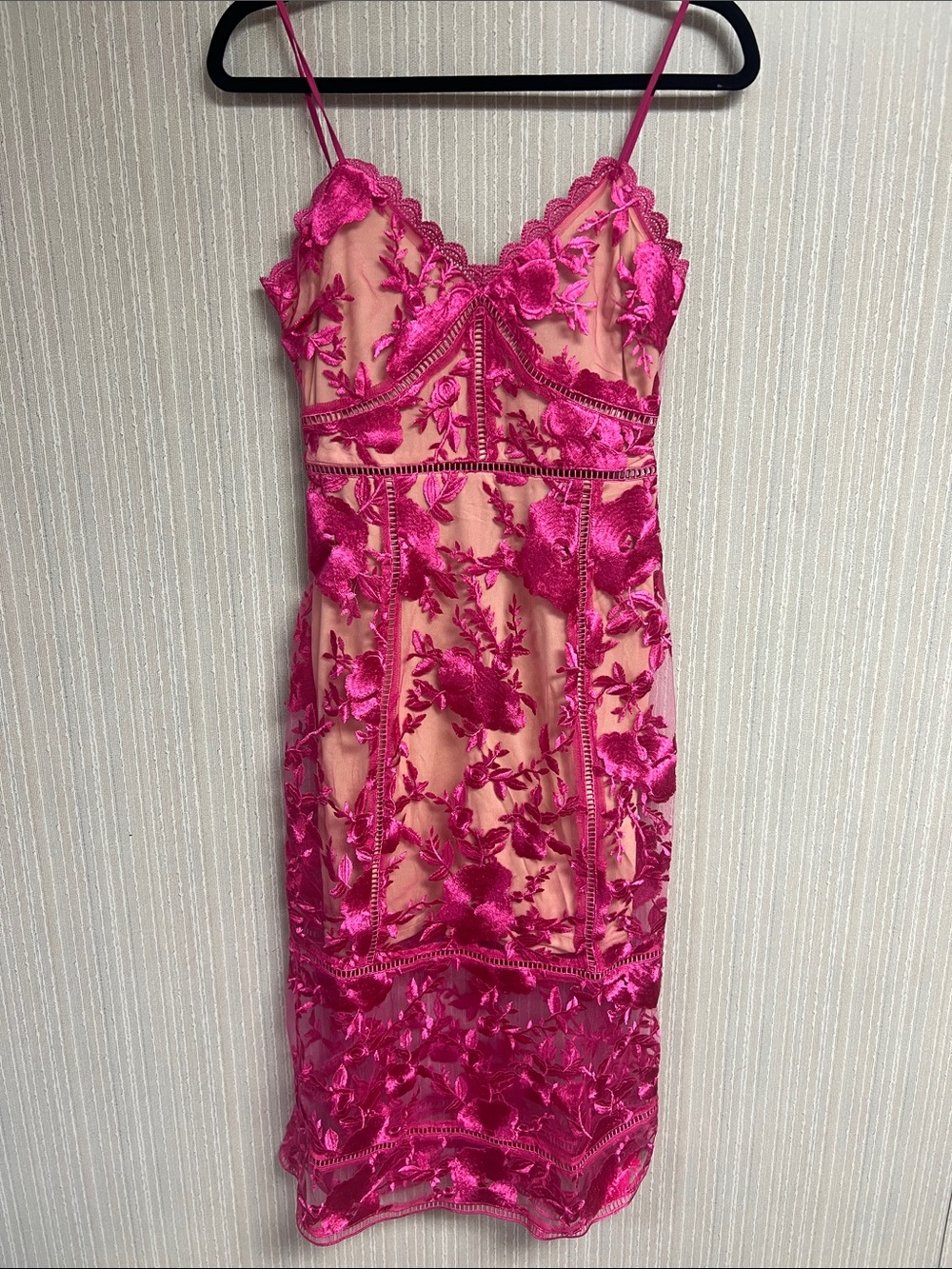 NWOT XS Just Me Hot Pink Embroidered Sheer Slip Dress wedding guest date sexy